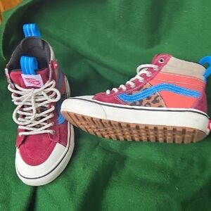Kids High-Top Sneakers in Burgundy with Blue Accent and Leopard Panel